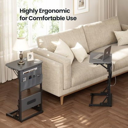 HLDIRECT C Shaped End Table with Charging Station & Storage Bag Gray | 2 USB & 2 Outlets, Storage Bag, FSC Wood, Foldable, 11.8"D x 15.7"W, for Small Spaces, Couch, Bedroom - color: Grey