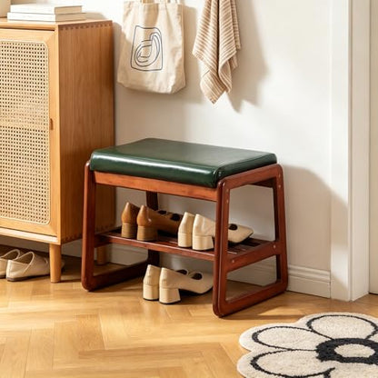 SOBIBO Solid Wood Shoe Bench, 2-Tier Wooden Entryway Bench, Modern Shoe Rack with Faux Leather Cushion for Hallway, Living Room (Green, 21.65'') - color: Green, size: 21.65 inches