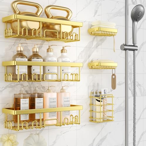 Veken Adhesive Shower Caddy 6-Pack,Gifts for Women Mom,Heavy Weight Bearing,Large Wall Mounted Bathroom Shelves Rack,Organizer Storage Accessories with Soap Dish&Toothbrush Holder,Bright Gold - color: Bright Gold
