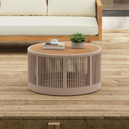 26" Outdoor Rustic Coffee Table,Rattan Rope & Acacia Wood Center Table with Round Top & Iron Frame, Easy Assembly, Versatile Weather-Resistant Patio Furniture for Garden, Yard, Balcony, Beige Teak - size: 26"