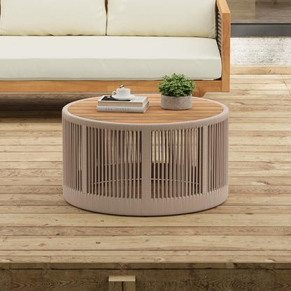 26" Outdoor Rustic Coffee Table,Rattan Rope & Acacia Wood Center Table with Round Top & Iron Frame, Easy Assembly, Versatile Weather-Resistant Patio Furniture for Garden, Yard, Balcony, Beige Teak - size: 26"