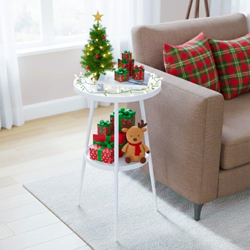 ShellKingdom Small Round Side Table, 2 Tier Metal End Table for Indoor Outdoor Bedroom Living Room Home Office Nightstand (White) - color: White