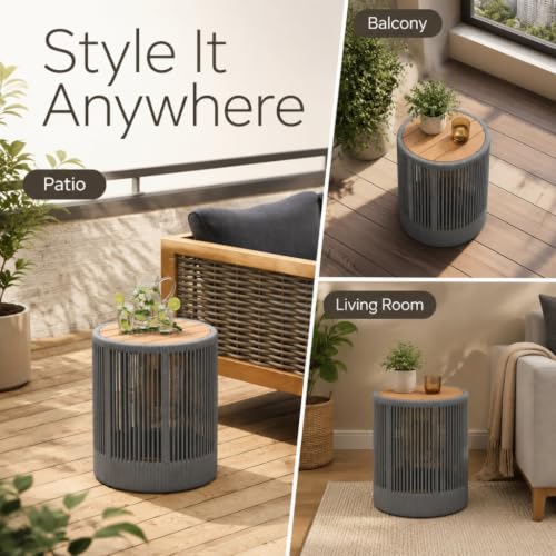 IRONORA Grey Hand-Woven PE Rattan Round Patio Side Table, Solid Acacia Wood Top Hollow Drum Accent End Table, Weather Resistant Coastal Side Table for Backyard Balcony Sunroom Living Room - color: 15-inches Gery