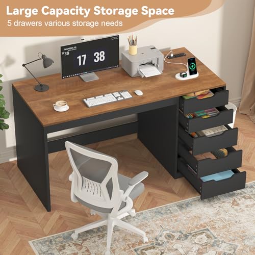 YOMILUVE 47 Inch Computer Desk with 5 Drawers and Power Outlets, Home Office Desks with Storage File Cabinet, Modern Simple Laptop Desk Writing Table for Small Spaces, Brown and Black - color: Brown and Black