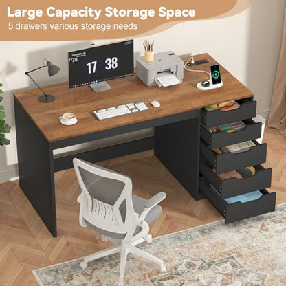 YOMILUVE 47 Inch Computer Desk with 5 Drawers and Power Outlets, Home Office Desks with Storage File Cabinet, Modern Simple Laptop Desk Writing Table for Small Spaces, Brown and Black - color: Brown and Black