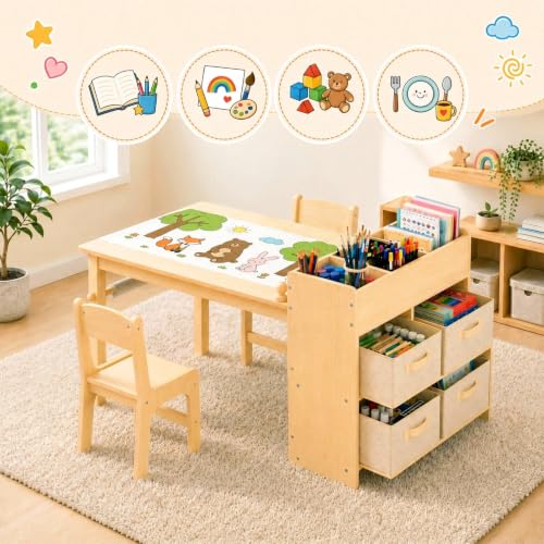 Kids Art Table & 2 Chairs Set, Wooden Activity Craft Desk w/ Paper Roll | Sturdy Wooden Table with Organizers, Open Shelves, Removable Bins, for Toddlers Art Crafts Drawing Painting Writing (Natural) - color: Natural