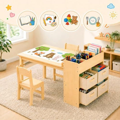 Kids Art Table & 2 Chairs Set, Wooden Activity Craft Desk w/ Paper Roll | Sturdy Wooden Table with Organizers, Open Shelves, Removable Bins, for Toddlers Art Crafts Drawing Painting Writing (Natural) - color: Natural
