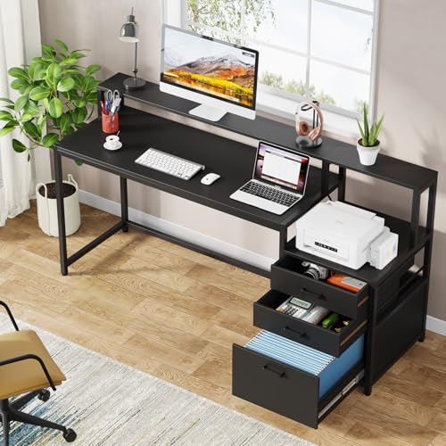 Tribesigns 63 Inch Computer Desk with File Drawer Cabinet, Ergonomic Office Desk with Monitor Stand, Industrial Computer Table with Printer Space, Wood PC Table Workstation Desks for Home Office - color: Black