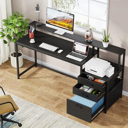 Tribesigns 63 Inch Computer Desk with File Drawer Cabinet, Ergonomic Office Desk with Monitor Stand, Industrial Computer Table with Printer Space, Wood PC Table Workstation Desks for Home Office - color: Black