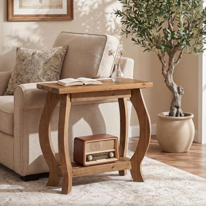 Narrow Side Table, 2-Tier Solid Wood End Table with Storage Shelf, Curved Legs Farmhouse Nightstand for Small Spaces, Bedroom, Living Room,(2,Brown)