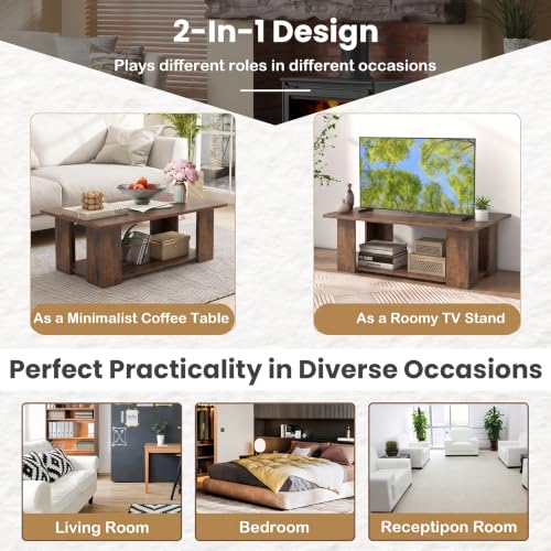 POWERSTONE 41 Inch 2-Tier Coffee Table with Storage Shelf, Wood Farmhouse Center Table with L Legs & Extra Bottom Support for Living Room, Rustic Brown - color: Rustic Brown