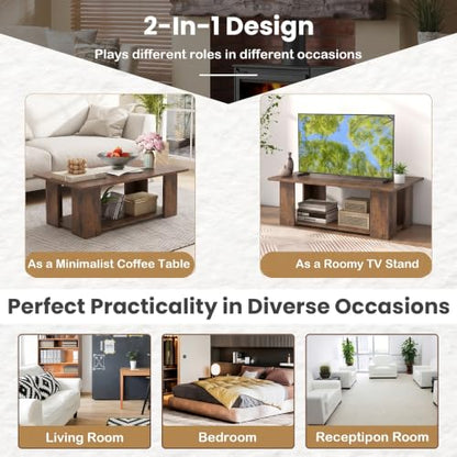 POWERSTONE 41 Inch 2-Tier Coffee Table with Storage Shelf, Wood Farmhouse Center Table with L Legs & Extra Bottom Support for Living Room, Rustic Brown - color: Rustic Brown