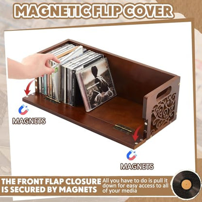 CroBlissful 2 Set Wooden Cd Holder, Stackable Cd Storage Rack with Handles, Magnetic Front-opening Design, Compact Media Organizer for Home Office & Living Room, Each Set Holds up to 36 Cases (Brown)