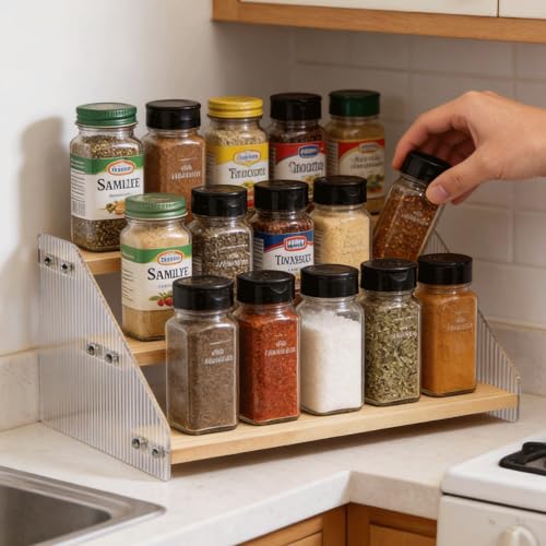 Tiered Spice Rack Organizer for Countertop & Cabinet, 3-Tier 12in Kitchen Seasoning Storage Shelf, Space Saving Standing Spice Organizer, Wooden & Acrylic, Solid Wood - color: Natural Wood, size: 3-Tier 12in