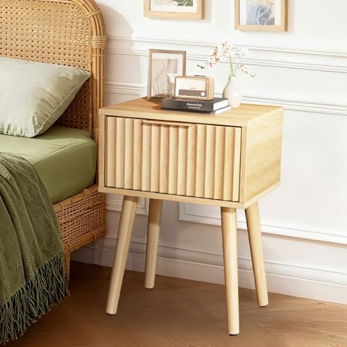 VINGLI Night Stand Set 2, Fluted Nightstands with Drawer, Mid Century Modern Nightstands Set of 2, Bedside Table, End Table, Wood Nightstand for Bedroom, Natural Oak, 15.75" W*11.81" D*21.85" H - color: Oak, size: 15.7"W-1 Drawer