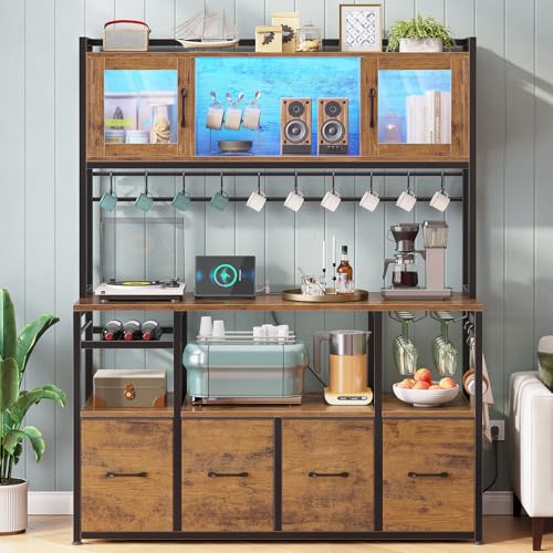 Itaar Bakers Rack with Power Outlet and LED Light, 47.2'' Microwave Stand with Storage, Kitchen Coffee Bar Cabinet with Glass Door, 4 Drawer, Wine Rack, Goblet Holder and 12 Hooks, Rustic Brown - color: Rustic Brown