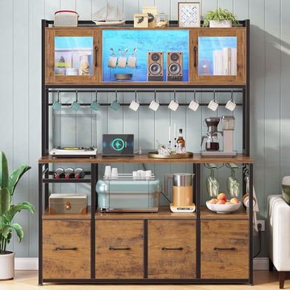 Itaar Bakers Rack with Power Outlet and LED Light, 47.2'' Microwave Stand with Storage, Kitchen Coffee Bar Cabinet with Glass Door, 4 Drawer, Wine Rack, Goblet Holder and 12 Hooks, Rustic Brown - color: Rustic Brown