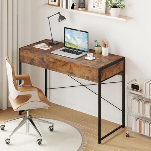 Giantex Computer Desk with 2 Drawers, 44 Inch Home Office Desk with Anti-Toppling Device & Metal Frame, Compact Laptop PC Table, Vanity Table, Modern Study Writing Desk for Small Spaces (Rustic Brown) - color: Rustic Brown