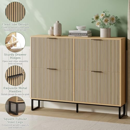Shoe Cabinet Storage with 4 Flip Drawers, Narrow Hidden Shoe Organizer Cabinet for Entryway, Modern Freestanding Slim Shoe Rack Organizer Shoe Cupboard for Hallway, Natural Wood - size: 4 Flip Drawers