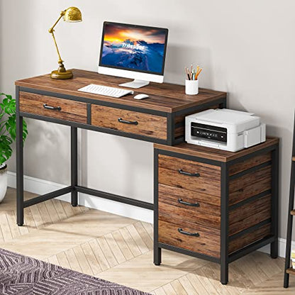 Tribesigns Computer Desk with 5 Drawers, Home Office Desks with Reversible Drawer Cabinet Printer Stand, Industrial PC Desk with Storage, Rustic Study Writing Table Workstation for Small Spaces - color: Rustic Brown