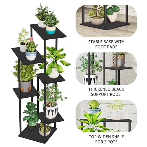 HAYOFAMY 6 Tier Black Plant Stand Indoor 43.7” Tall | Multiple Plant Shelf, Metal Wood Multiple, Flower Pot Holder for Living Room Office Balcony Patio