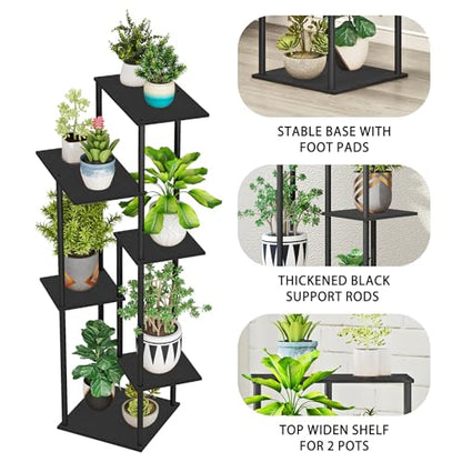 HAYOFAMY 6 Tier Black Plant Stand Indoor 43.7” Tall | Multiple Plant Shelf, Metal Wood Multiple, Flower Pot Holder for Living Room Office Balcony Patio
