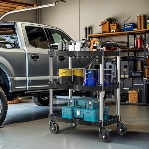 DWVO 3-Tier Foldable Service Cart with Swivel Wheels & Brake, 350LBS | Folding Utility Cart Heavy Duty Collapsible Rolling Cart, 350LBS Portable Utility Cart for Kitchen, Warehouse, Garage - size: 350 LBS
