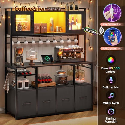 Itaar Bakers Rack with Power Outlet and LED Light, 47.2'' Microwave Stand with Storage, Kitchen Coffee Bar Cabinet with Glass Door, 4 Drawer, Wine Rack, Goblet Holder and 12 Hooks, Black - color: Black