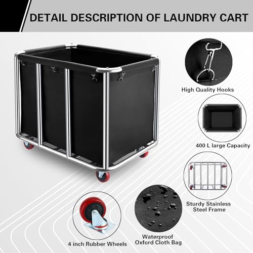 Commercial Laundry Cart with Wheels,400L Large Industrial Laundry Cart,Commercial Laundry Basket with Sturdy Stainless Steel Frame and Oxford Bag for Home Hotel Hospital 440 lbs (Black) - color: Black