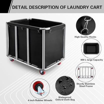 Commercial Laundry Cart with Wheels,400L Large Industrial Laundry Cart,Commercial Laundry Basket with Sturdy Stainless Steel Frame and Oxford Bag for Home Hotel Hospital 440 lbs (Black) - color: Black