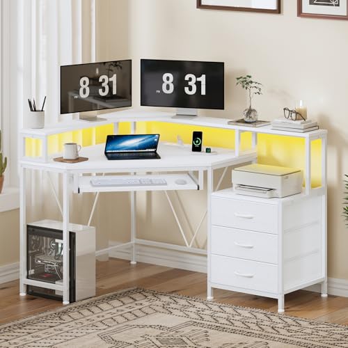47" Corner Desk with Drawers, Power Outlets ＆ Printer Shelf for Small Space | Small Computer Desk with Monitor Stand, Triangle Gaming Desk with LED Lights and Keyboard Tray, White - color: White