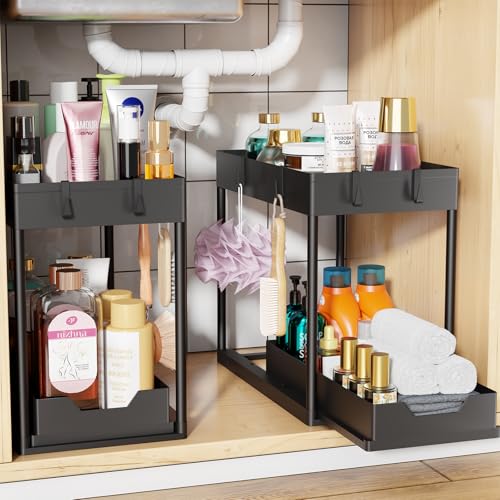 Simple Trending Under Sink Organizer 2 Pack, Sink Pull-Out Sliding Storage Cabinet, 2-Tier Under Shelf Organizer for Kitchen Bathroom, Black - color: Black, size: 2 pack