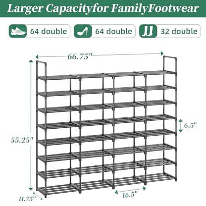 Simple Trending 8-Tier Shoe Rack Large Capacity 64 Pairs Tall Shoe Shelf, Sturdy Metal Shoe Organizer for Entryway, Closet, Bedroom, Black - size: 8 Tiers, Black