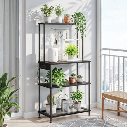 SUPERLELE 4 Tier Baker's Rack with Charging Station, Kitchen Coffee Bar Table with Power Outlets & Paper Towel Holder, 23.6x13x49.2'' Industrial Standing Microwave Shelf for Small Spaces, Black - color: Black, size: 23.6x13x49.2''(with Power Outlet)