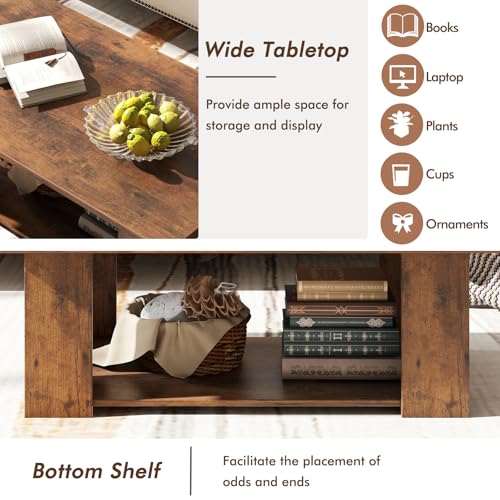 Tangkula 2-Tier Coffee Table, Modern Rectangular Center Cocktail Table with 5 Support Legs, Wooden Accent Living Room Furniture, Small Coffee Table for Small Spaces, Easy Assembly (Rustic Brown) - color: Rustic Brown