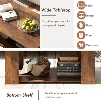 Tangkula 2-Tier Coffee Table, Modern Rectangular Center Cocktail Table with 5 Support Legs, Wooden Accent Living Room Furniture, Small Coffee Table for Small Spaces, Easy Assembly (Rustic Brown) - color: Rustic Brown