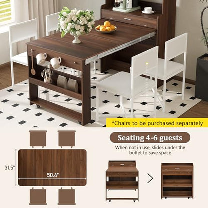 Spaco 2-in-1 Folding Dining Table and Buffet Cabinet Set,Compact Pull-Out Kitchen Table with Wheels,Storage Shelf and Side Hooks,Multifunctional Cupboard for Small Place (Walnut) - color: Walnut