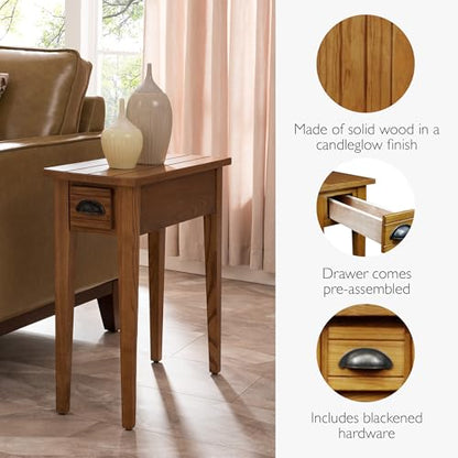 One Drawer Bin Pull Narrow Side Table, Solid Wood, Candleglow Brown, Perfect for Living Rooms, Bedrooms, and Small Spaces – Leick Home, 9010 - color: Candleglow