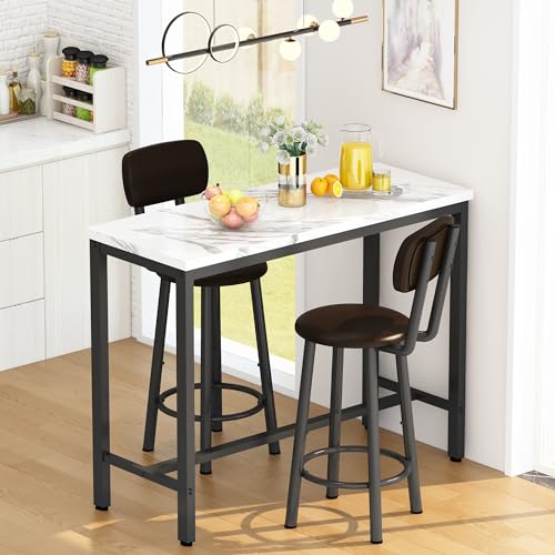AWQM 3 Piece Bar Table Set of 2,39.3" Pub Bar Table and Chairs Set,Faux Marble Bar Height Table with 2 Backrest Stools,Small Dining Table for 2,Kitchen Table Set for Small Space,White & Brown - color: White & Black & Brown