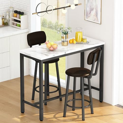 AWQM 3 Piece Bar Table Set of 2,39.3" Pub Bar Table and Chairs Set,Faux Marble Bar Height Table with 2 Backrest Stools,Small Dining Table for 2,Kitchen Table Set for Small Space,White & Brown - color: White & Black & Brown