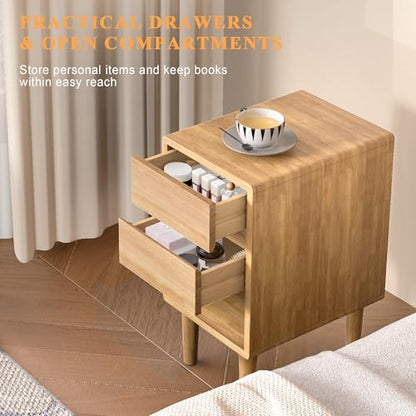 Nightstand 2 Drawers with Open Shelf Narrow Night Stand Solid Wood Bedside Table Mid Century Modern Nightstand Wooden End Table for Bedroom, Study, Office - color: Natural-2d, size: 15.75''×11.8''×23.62''