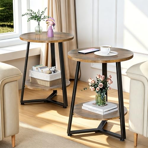Round Side Table Set of 2, 2-Tier Small End Table with Storage Shelf, Ultra Stable Coffee End Table/Nightstand, Modern Farmhouse Couch Table for Living Room, Bedside Stand or Small Spaces, Brown - color: Brown, size: 2 Pcs