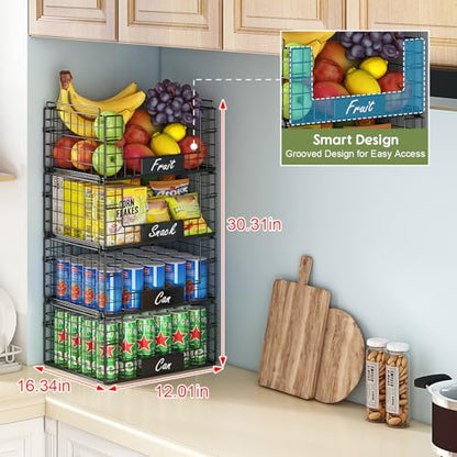 JKsmart 4 Pack XXL Stackable Wire Baskets with Handles for Pantry Storage and Organization,Fruit and Vegetable Basket with Name Plates,Metal Storage Bins for Snack Can Fruit Veggies - size: XXL-16.34"x12.01"x31.48"