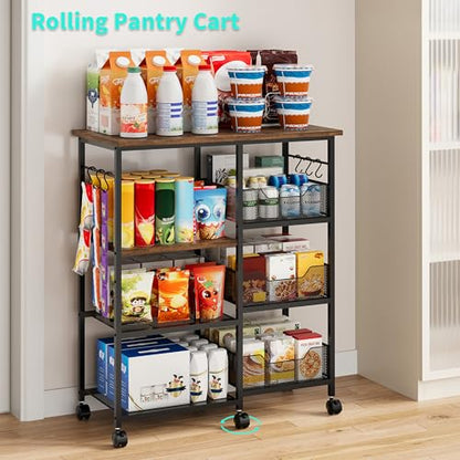 HapiRm Rolling Kitchen Carts with Storage - Microwave Table Stand with 6 Hooks & 3 Baskets, kitchen Island Cart on Lockable Wheels, 28.3" L × 14.6" W Bakers Rack Cart for Dining Room Coffee Bar Office - color: Brown