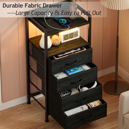 Furnulem Night Stand with Charging Station, Black Nightstand with Drawers and Led Light, Tall Dresser for Bedroom, Bedside Table with Fabric Storage Bins, Metal Frame, Wood Furniture - color: Black Oak