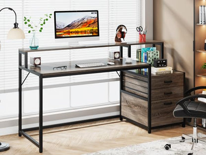 Tribesigns 63 Inch Computer Desk with File Drawer Cabinet, Ergonomic Office Desk with Monitor Stand, Industrial Computer Table with Printer Space, Wood PC Table Workstation Desk for Home Office - color: Grey