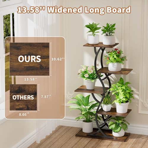 Plant Stand Indoor with Grow Lights - 5 Tiered Corner Plant Shelves (Brown) | 44" Tall Metal Plant Shelf, S-Shape Lighted Flower Holder Dispaly Rack for Living Room, Home, Patio, Balcony