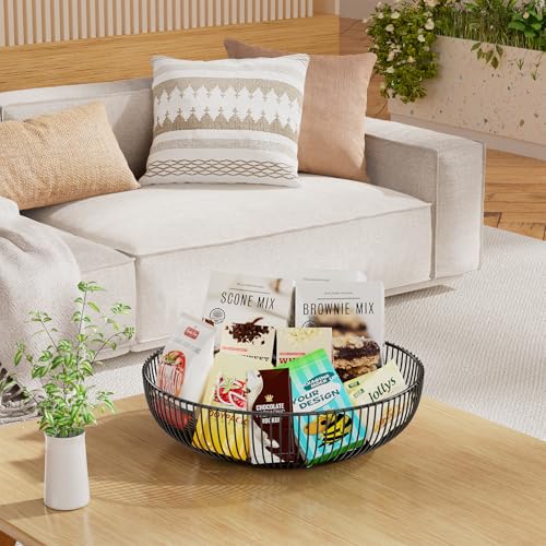 Simple Trending Round Metal Fruit Basket Bowl for Kitchen Counter - Rust-Proof, Non-Slip & Breathable Wire Organizer for Fruits, Veggies, Snacks, Black (11“ Diameter x 3.2” H) - style: Fruit Bowl Black