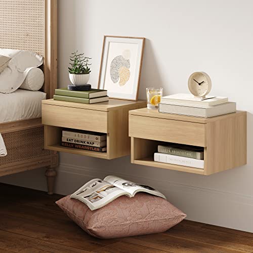 Nathan James Jackson Wall Mounted Floating Bedroom Nightstand with Storage Drawer and Modern Open Shelf Cubby Set of 2, Light Oak Wood - color: Light Oak, size: Set of 2