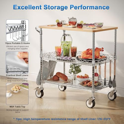 Rolling Kitchen Carts with Wheels, 3-Tier Utility Cart with Wood Tabletop | NSF Commercial Metal Serving Cart with Handle and Shelf Liner for Kitchen Snacks, 34"D x 17.5"W x 32.5"H,Chrome - color: Wood-chrome